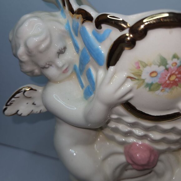 Ceramic Cherub Planter Vase with Gold Accents & Delicate Floral Design - Picture 3 of 8